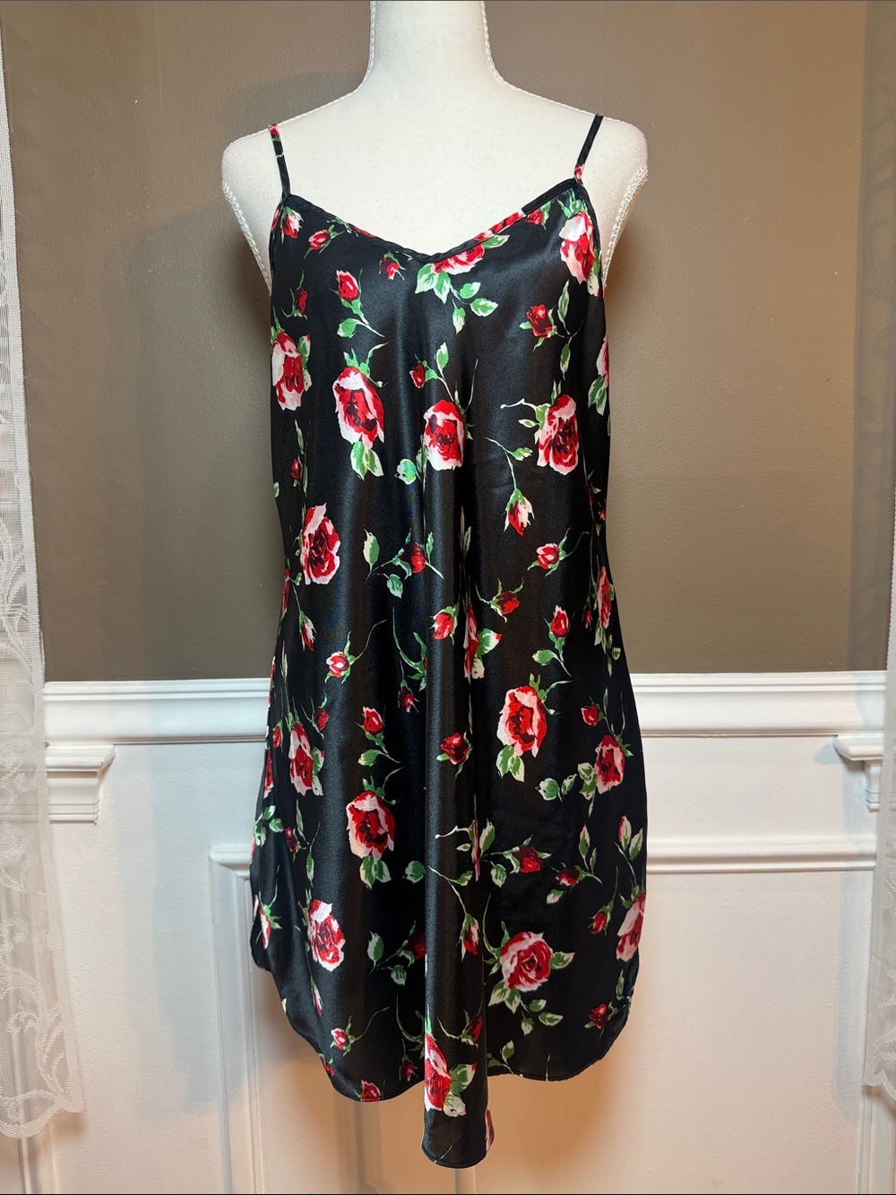 Vintage 90s Dentelle Rose Floral Satin Slip Dress Chemise M